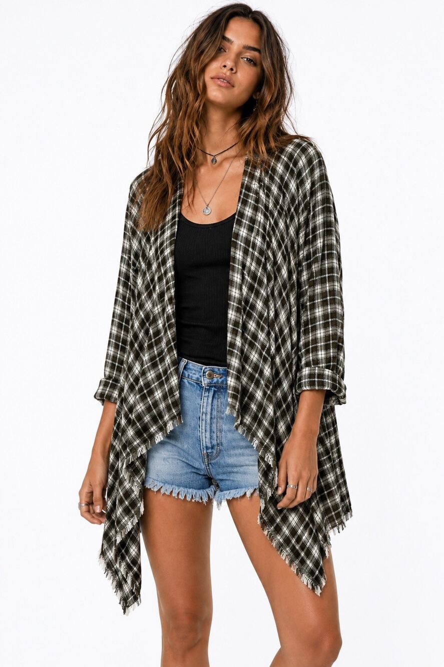 EUC Knox Rose Raw Edge Plaid Flannel Roll Tab Cardigan Grunge 90s Style Rayon